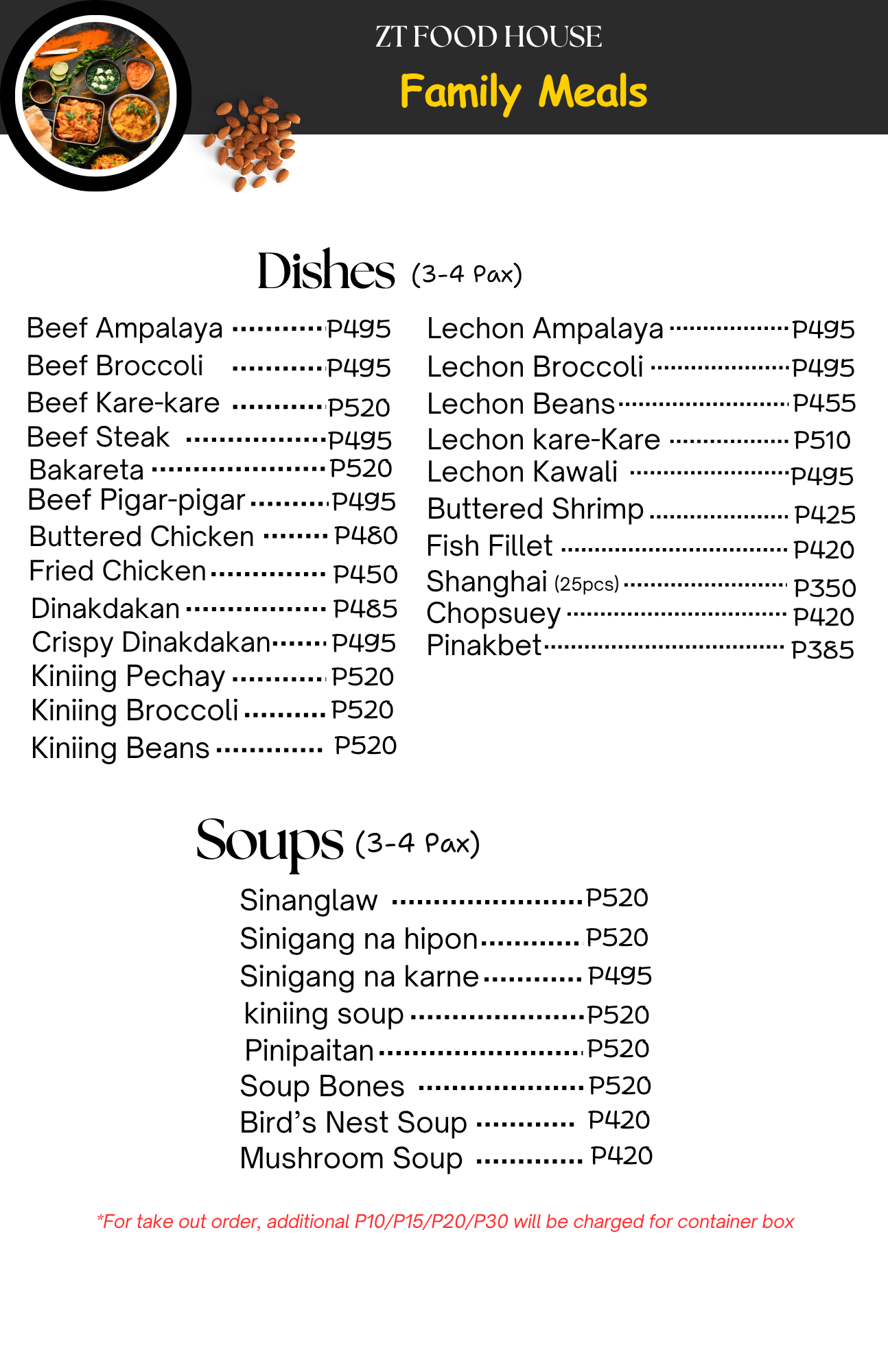 ZT Food House Family Meals Menu