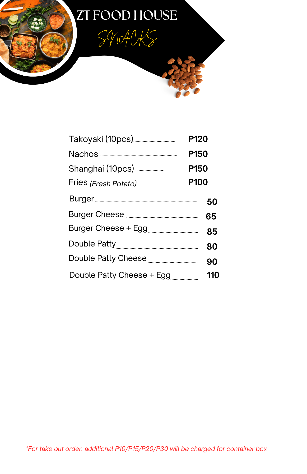 ZT Food House Snacks Menu