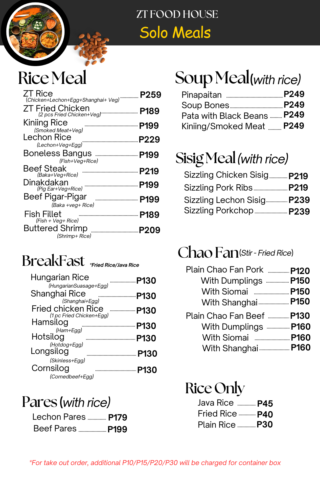 ZT Food House Solo Meal Menu
